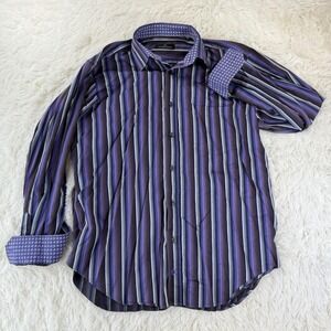 Bugatchi‎ Uomo Purple Striped Button Dress Shirt Men's Large Career Preppy Fall
